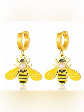 Honey Bee 18K Gold Plated Dangle Hoop Stainless Steel Earrings